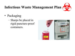 Infectious Waste Management Plan
• Packaging
– Sharps be placed in
rigid puncture-proof
containers.

 