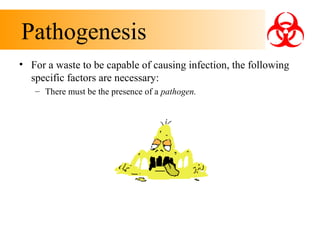 Pathogenesis
• For a waste to be capable of causing infection, the following
specific factors are necessary:
– There must be the presence of a pathogen.

 