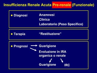 Insufficienza Renale Acuta Pre-renale (Funzionale) Diagnosi • Anamnesi Clinica Laboratorio (Peso Specifico) Prognosi • Guarigione Evoluzione in IRA organica o renale Guarigione IRC Terapia • “ Restituzione” 