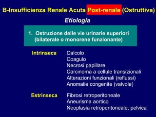 B-Insufficienza Renale Acuta Post-renale (Ostruttiva) Etiologia 1.  Ostruzione delle vie urinarie superiori (bilaterale o monorene funzionante) Intrinseca Calcolo Coagulo Necrosi papillare Carcinoma a cellule transizionali Alterazioni funzionali (reflussi) Anomalie congenite (valvole) Estrinseca Fibrosi retroperitoneale Aneurisma aortico Neoplasia retroperitoneale, pelvica 