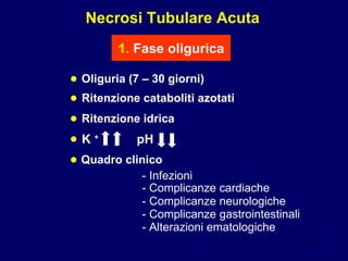 • Oliguria (7 – 30 giorni) Necrosi Tubulare Acuta 1.   Fase oligurica • Ritenzione cataboliti azotati • Ritenzione idrica • K  + pH • Quadro clinico - Infezioni - Complicanze cardiache - Complicanze neurologiche - Complicanze gastrointestinali - Alterazioni ematologiche 