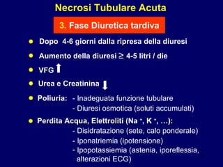 Necrosi Tubulare Acuta 3.  Fase Diuretica tardiva • Dopo  4-6 giorni dalla ripresa della diuresi • Poliuria: • VFG • Urea e Creatinina   • Aumento della diuresi    4-5 litri / die - Inadeguata funzione tubulare - Diuresi osmotica (soluti accumulati) • Perdita Acqua, Elettroliti (Na  + , K  + , …):  - Disidratazione (sete, calo ponderale) - Iponatriemia (ipotensione) Ipopotassiemia (astenia, iporeflessia,  alterazioni ECG) 