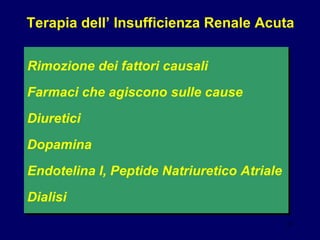 Diuretici Dopamina Endotelina I, Peptide Natriuretico Atriale Terapia dell’ Insufficienza Renale Acuta Rimozione dei fattori causali Farmaci che agiscono sulle cause Dialisi 