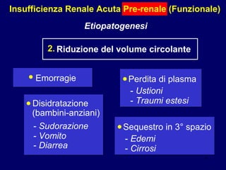 Insufficienza Renale Acuta Pre-renale (Funzionale) Etiopatogenesi Riduzione del volume circolante 2. Emorragie • Perdita di plasma • -  Ustioni -  Traumi estesi Disidratazione • -  Sudorazione   -  Vomito   -  Diarrea (bambini-anziani)  Sequestro in 3° spazio • -  Edemi -  Cirrosi 