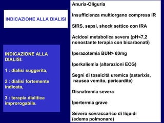 INDICAZIONE ALLA DIALISI Anuria-Oliguria Insufficienza multiorgano compresa IR SIRS, sepsi, shock settico con IRA Acidosi metabolica severa (pH<7,2 nonostante terapia con bicarbonati) Iperazotemia BUN> 80mg Iperkaliemia (alterazioni ECG) Segni di tossicità uremica (asterixis, nausea vomito, pericardite) Disnatremia severa Ipertermia grave Severo sovraccarico di liquidi (edema polmonare) INDICAZIONE ALLA DIALISI: 1 : dialisi suggerita,  2 : dialisi fortemente indicata, 3 : terapia dialitica improrogabile.  