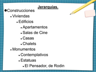Jerarquías.
Construcciones
 Viviendas
 Edificios
 Apartamentos
 Salas de Cine
 Casas
 Chalets
 Monumentos
 Contemplativos
 Estatuas
 El Pensador, de Rodin
 