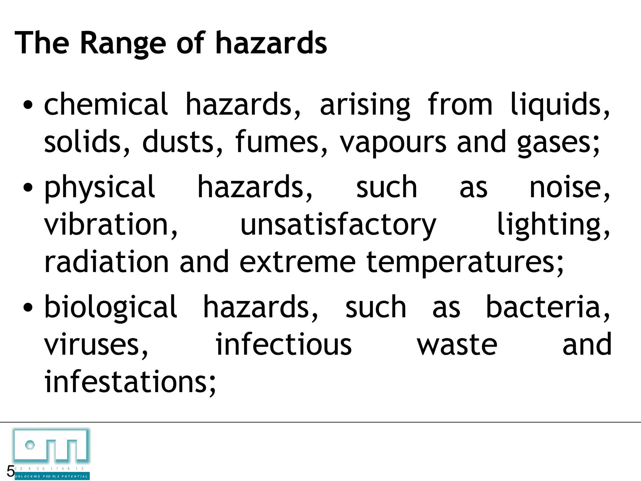 The Range of hazards
    • chemical hazards, arising from liquids,
      solids, dusts, fumes, vapours and gases;
    • physical hazards, such as noise,
      vibration,     unsatisfactory    lighting,
      radiation and extreme temperatures;
    • biological hazards, such as bacteria,
      viruses,     infectious     waste     and
      infestations;

5
C   O   N     S

U N L O C K IN G
                   U    L   T   A   N   T   S

                   P EO P L E P O T E N T I A L
 