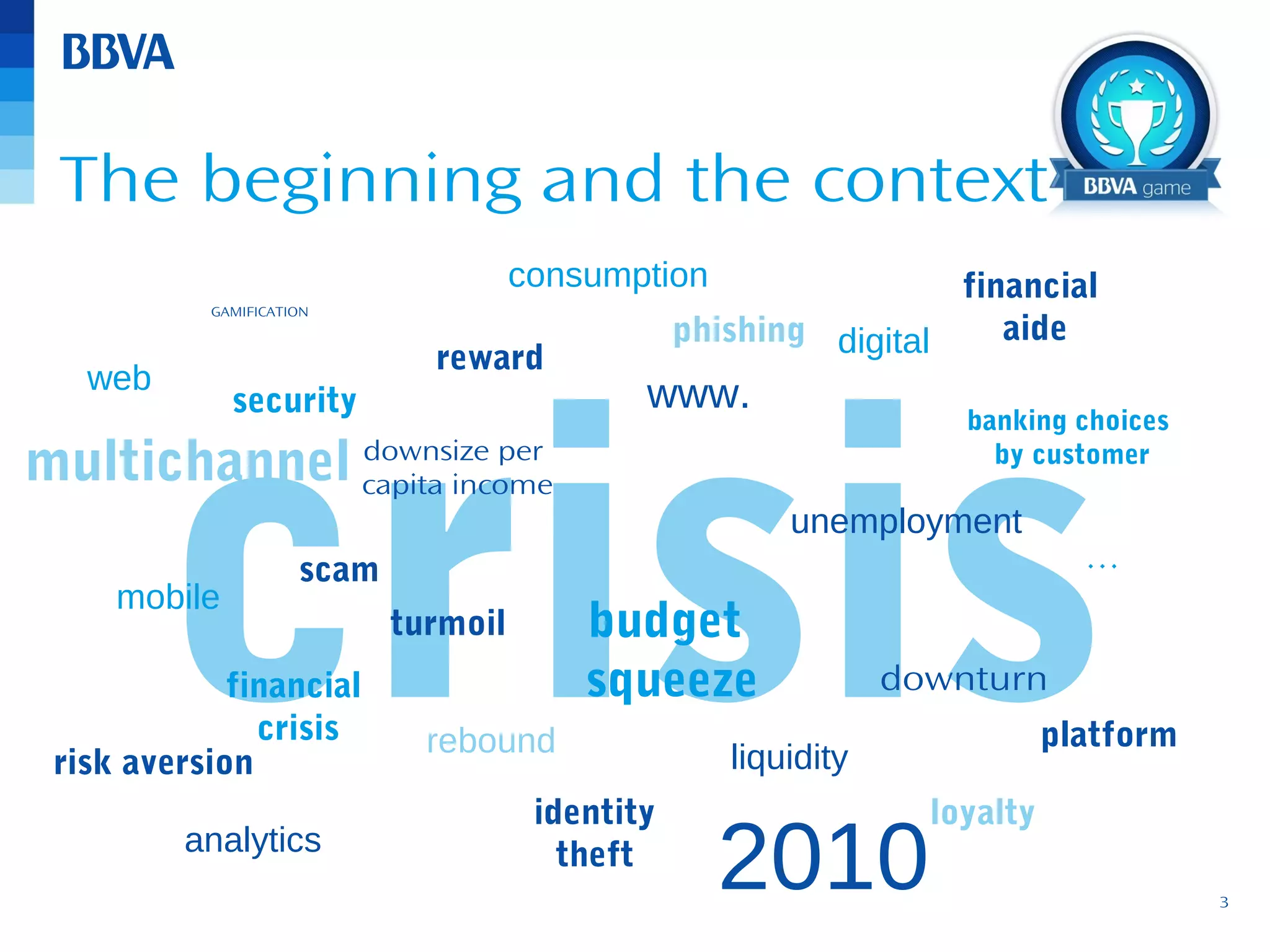 The beginning and the context
consumption

financial
aide
phishing digital

GAMIFICATION

web

crisis
reward

security

www.

downsize per
multichannel capita income

mobile

banking choices
by customer

unemployment

…

scam

financial
crisis
risk aversion
analytics

budget
squeeze

turmoil

rebound

identity
theft

downturn

platform

liquidity

2010

loyalty

3

 