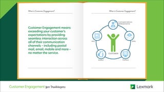 MAIL
PORTALSMOBILE
EMAILS
CUSTOMER SERVICE
REPRESENTATIVE
CUSTOMER
What is Customer Engagement? What is Customer Engagement?
CustomerEngagement for Trailblazers
Customer Engagement means
exceeding your customer’s
expectations by providing
seamless interaction across
all of their communication
channels – including postal
mail, email, mobile and more –
no matter the service.
 