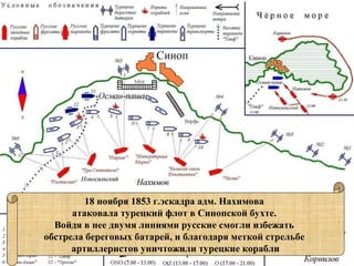 18 ноября 1853 г.эскадра адм. Нахимова
атаковала турецкий флот в Синопской бухте.
Войдя в нее двумя линиями русские смогли избежать
обстрела береговых батарей, и благодаря меткой стрельбе
артиллеристов уничтожили турецкие корабли
 