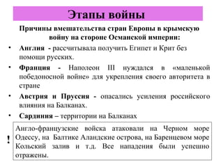 Причины вмешательства стран Европы в крымскую
войну на стороне Османской империи:
• Англия - рассчитывала получить Египет и Крит без
помощи русских.
• Франция - Наполеон III нуждался в «маленькой
победоносной войне» для укрепления своего авторитета в
стране
• Австрия и Пруссия - опасались усиления российского
влияния на Балканах.
• Сардиния – территории на Балканах
Этапы войны
Англо-французские войска атаковали на Черном море
Одессу, на Балтике Аландские острова, на Баренцевом море
Кольский залив и т.д. Все нападения были успешно
отражены.
!!
 