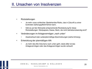 20
II. Ursachen von Insolvenzen
• Rückstellungen
• Je mehr umso schlechter. Bestehendes Risiko, das in Zukunft zu einer
konkreten Zahlungspflicht führen kann.
• Gibt es auf der Aktivseite entsprechende Rückdeckung für diese
Rückstellungen: Wertpapiere, Kasse, Bank, die nicht betriebsnotwendig sind?
• Veränderungen im Anlagevermögen „nach unten“
• Assetverkauf oder außerplanmäßige Abschreibungen (siehe Anhang).
• Entwicklung der planmäßigen AfA
• Je mehr des Afa-Volumens nach unten geht, desto älter ist das
Anlagevermögen oder das Anlagevermögen wurde verkauft.
 