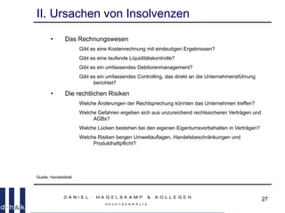 27
II. Ursachen von Insolvenzen
• Das Rechnungswesen
Gibt es eine Kostenrechnung mit eindeutigen Ergebnissen?
Gibt es eine laufende Liquiditätskontrolle?
Gibt es ein umfassendes Debitorenmanagement?
Gibt es ein umfassendes Controlling, das direkt an die Unternehmensführung
berichtet?
• Die rechtlichen Risiken
Welche Änderungen der Rechtsprechung könnten das Unternehmen treffen?
Welche Gefahren ergeben sich aus unzureichend rechtssicheren Verträgen und
AGBs?
Welche Lücken bestehen bei den eigenen Eigentumsvorbehalten in Verträgen?
Welche Risiken bergen Umweltauflagen, Handelsbeschränkungen und
Produkthaftpflicht?
Quelle: Handelsblatt
 
