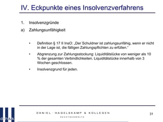 31
IV. Eckpunkte eines Insolvenzverfahrens
1. Insolvenzgründe
a) Zahlungsunfähigkeit
• Definition § 17 II InsO: „Der Schuldner ist zahlungsunfähig, wenn er nicht
in der Lage ist, die fälligen Zahlungspflichten zu erfüllen.“
• Abgrenzung zur Zahlungsstockung: Liquiditätslücke von weniger als 10
% der gesamten Verbindlichkeiten. Liquiditätslücke innerhalb von 3
Wochen geschlossen.
• Insolvenzgrund für jeden.
 