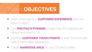 •	Learn what exactly is CUSTOMER EXPERIENCE and why
does it matter?
•	Use FREYTAG’S PYRAMID to learn how the narrative arc
follows and informs CX.
•	Examine CUSTOMER TOUCH POINTS to learn how you can
craft a memorable experience.
•	Create NARRATIVE ARCS for your CX and content.
Today’s OBJECTIVES
 
