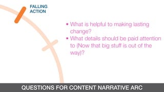 QUESTIONS FOR CONTENT NARRATIVE ARC
• What is helpful to making lasting
change?
• What details should be paid attention
to (Now that big stuff is out of the
way)?
FALLING
ACTION
 