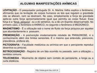 17
LEVITAÇÃO - O pesquisador português Dr. A. Martins Velho explica o fenômeno,
afirmando que na levitação de corpos humanos as leis que regulam a gravidade
não se alteram, nem se destroem. No caso, simplesmente a força da gravidade
apôs-se outra força aproximadamente igual que permitiu ao corpo flutuar. Essa
força é a “força_psíquica”, ou a do sensitivo, ou a de um Espírito desencarnado. No
primeiro caso, o fenômeno é ANÍMICO, no segundo o fenômeno é MEDIÚNICO.
MAGNETISMO - É a utilização sob o nome de fluido da força psíquica por aqueles
que abundantemente a possuem.
PREMONIÇÃO - A premonição modernamente rotulada de PARAGNOSE, é o
conhecimento além dos limites sensoriais. É o mesmo que antevisão, prenúncio,
presciência, profecia etc.
PICTOGRAFIA - Faculdade mediúnica ou anímica em que o percipiente reproduz
desenhos ou pinturas.
RETROCOGNIÇÃO - Registro de um fato ocorrido no passado, sem a utilização dos
sentidos comuns.
TELECINESIA - Movimento de objetos sem contato do percipiente, a longa ou a
curta distância.
ALGUMAS MANIFESTAÇÕES ANÍMICAS
http://www.guia.heu.nom.br
 