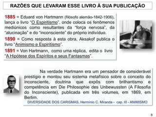 Na verdade Hartmann era um pensador de considerável
prestígio e montou seu sistema metafísico sobre o conceito do
inconsciente, doutrina que expôs com brilhantismo e
competência em Die Philosophie des Unbewussten (A Filosofia
do Inconsciente), publicada em três volumes, em 1869, em
Berlim.
DIVERSIDADE DOS CARISMAS, Hermínio C. Miranda - cap. III - ANIMISMO
RAZÕES QUE LEVARAM ESSE LIVRO À SUA PUBLICAÇÃO
1885 = Eduard von Hartmann (filósofo alemão-1842-1906),
lança o livro “O Espiritismo”, onde coloca os fenômenos
mediúnicos como resultantes da “força nervosa”, da
“alucinação” e do “inconsciente” do próprio indivíduo.
1890 = Como resposta à esta obra, Aksakof publica o
livro “Animismo e Espiritismo”.
1891 = Von Hartmann, como uma réplica, edita o livro
“A Hipótese dos Espíritos e seus Fantasmas”.
8
 