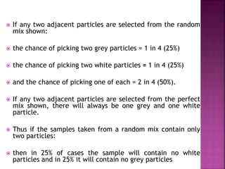 If any two adjacent particles are selected from the random
mix shown:
 the chance of picking two grey particles = 1 in 4 (25%)
 the chance of picking two white particles = 1 in 4 (25%)
 and the chance of picking one of each = 2 in 4 (50%).
 If any two adjacent particles are selected from the perfect
mix shown, there will always be one grey and one white
particle.
 Thus if the samples taken from a random mix contain only
two particles:
 then in 25% of cases the sample will contain no white
particles and in 25% it will contain no grey particles
 