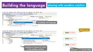Building the language playing with sandbox solution
keyword entity can’t be edited
editor in use
“compiling” the language
creating an instance of entity
in the sandbox solution
 