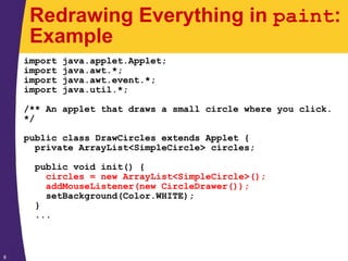 8
Redrawing Everything in paint:
Example
import java.applet.Applet;
import java.awt.*;
import java.awt.event.*;
import java.util.*;
/** An applet that draws a small circle where you click.
*/
public class DrawCircles extends Applet {
private ArrayList<SimpleCircle> circles;
public void init() {
circles = new ArrayList<SimpleCircle>();
addMouseListener(new CircleDrawer());
setBackground(Color.WHITE);
}
...
 