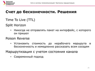 Сети и системы телекоммуникаций. Протоколы маршрутизации
Time To Live (TTL)
Split Horizon
• Никогда не отправлять пакет на интерфейс, с которого
он пришел
Poison Reverse
• Установить стоимость до нерабочего маршрута в
бесконечность и немедленно рассказать всем соседям
Маршрутизация с учетом состояния канала
• Современный подход
Счет до бесконечности. Решения
25
 