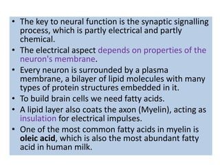 • The key to neural function is the synaptic signalling
  process, which is partly electrical and partly
  chemical.
• The electrical aspect depends on properties of the
  neuron's membrane.
• Every neuron is surrounded by a plasma
  membrane, a bilayer of lipid molecules with many
  types of protein structures embedded in it.
• To build brain cells we need fatty acids.
• A lipid layer also coats the axon (Myelin), acting as
  insulation for electrical impulses.
• One of the most common fatty acids in myelin is
  oleic acid, which is also the most abundant fatty
  acid in human milk.
 