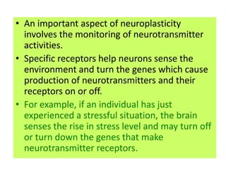 • An important aspect of neuroplasticity
  involves the monitoring of neurotransmitter
  activities.
• Specific receptors help neurons sense the
  environment and turn the genes which cause
  production of neurotransmitters and their
  receptors on or off.
• For example, if an individual has just
  experienced a stressful situation, the brain
  senses the rise in stress level and may turn off
  or turn down the genes that make
  neurotransmitter receptors.
 