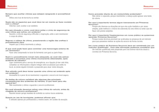 Como proceder diante de um motociclista acidentado?
Não retirar o capacete, porque movimentar a cabeça pode agravar uma lesão
da coluna.
Por que é importante termos algum treinamento em Primeiros
Socorros?
Porque são diversas as situações em que uma ação imediata e por vezes
simples, pode melhorar a chance de sobrevida de uma vítima ou evitar que ela
fique com graves seqüelas.
Por que é importante freqüentarmos um curso prático se quisermos
aprender Primeiros Socorros?
Porque muitas técnicas precisam ser praticadas na presença de um instrutor
para que possamos realizar as ações de socorro de forma correta.
Um curso prático de Primeiros Socorros deve ser ministrado por um
instrutor qualificado". Com esta afirmação podemos considerar que:
Um instrutor qualificado está preparado para nos ensinar técnicas atuais e
corretas em Primeiros Socorros.
Resumo
Sempre que auxiliar vítimas que estejam sangrando é aconselhável
que:
Utilize uma luva de borracha ou similar
Quais são os aspectos que você deve ter em mente ao fazer contato
com a vítima?
Informar, ouvir, aceitar e ser solidário
Em que situação e como você deve soltar o cinto de segurança de
uma vítima que sofreu um acidente?
Quando o cinto de segurança dificultar a respiração, solte-o sem movimentar
o corpo da vítima.
Segurar a cabeça da vítima, pressionando a região das orelhas é
procedimento para:
Impedir que a vítima movimente a cabeça.
O que você pode fazer para controlar uma hemorragia externa de
um ferimento?
Fazer uma compressão no local do ferimento com gaze ou pano limpo.
Qual é o procedimento inicial mais adequado, se você não estiver
treinado e encontrar uma vítima inconsciente (desmaiada), após
acidente de trânsito?
Ligar novamente para o serviço de emergência, se a ligação já tiver sido feita,
completar as informações e depois indagar entre as pessoas que estão no
local, se existe alguém treinado e preparado para atuar nesta situação.
Que atitude você deve tomar quando uma vítima sai andando após
um acidente?
Aconselhá-la a parar de se movimentar e aguardar o socorro em local seguro.
As lesões da coluna vertebral são algumas das principais
conseqüências dos acidentes de trânsito. O que fazer para não
agravá-las?
Não movimentar a vítima e aguardar o socorro profissional.
Em qual situação devemos retirar uma vítima do veículo, antes da
chegada do socorro profissional?
Quando houver perigo imediato de incêndio ou outros riscos evidentes.
Quanto ao uso de torniquete, podemos afirmar que:
É utilizado apenas por profissionais e, mesmo assim, em caráter de exceção.
Resumo
39
38
 