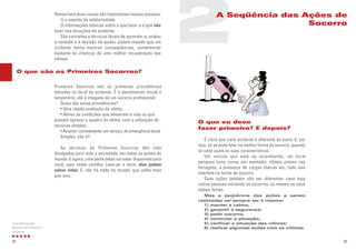 09
O que eu devo
fazer primeiro? E depois?
É claro que cada acidente é diferente do outro. E, por
isso, só se pode falar na melhor forma de socorro, quando
se sabe quais as suas características.
Um veículo que está se incendiando, um local
perigoso (uma curva, por exemplo), vítimas presas nas
ferragens, a presença de cargas tóxicas etc, tudo isso
interfere na forma do socorro.
Suas ações também vão ser diferentes caso haja
outras pessoas iniciando os socorros, ou mesmo se você
estiver ferido.
Mas a seqüência das ações a serem
realizadas vai sempre ser a mesma:
1) manter a calma;
2) garantir a segurança;
3) pedir socorro;
4) controlar a situação;
5) verificar a situação das vítimas;
6) realizar algumas ações com as vítimas.
2
Primeiros Socorros são as primeiras providências
tomadas no local do acidente. É o atendimento inicial e
temporário, até a chegada de um socorro profissional.
Quais são essas providências?
• Uma rápida avaliação da vítima;
• Aliviar as condições que ameacem a vida ou que
possam agravar o quadro da vítima, com a utilização de
técnicas simples;
• Acionar corretamente um serviço de emergência local.
Simples, não é?
As técnicas de Primeiros Socorros têm sido
divulgadas para toda a sociedade, em todas as partes do
mundo. E agora, uma parte delas vai estar disponível para
você, aqui nesta cartilha. Leve-as a sério, elas podem
salvar vidas. E, não há nada no mundo, que valha mais
que isso.
Nessa hora duas coisas são importantes nessas pessoas:
1) o espírito de solidariedade;
2) informações básicas sobre o que fazer e o que não
fazer nas situações de acidente.
São conceitos e técnicas fáceis de aprender e, unidos
à vontade e à decisão de ajudar, podem impedir que um
acidente tenha maiores conseqüências, aumentando
bastante as chances de uma melhor recuperação das
vítimas.
08
Importância das
Noções de Primeiros
Socorros
O que são os Primeiros Socorros?
A Seqüência das Ações de
Socorro
 
