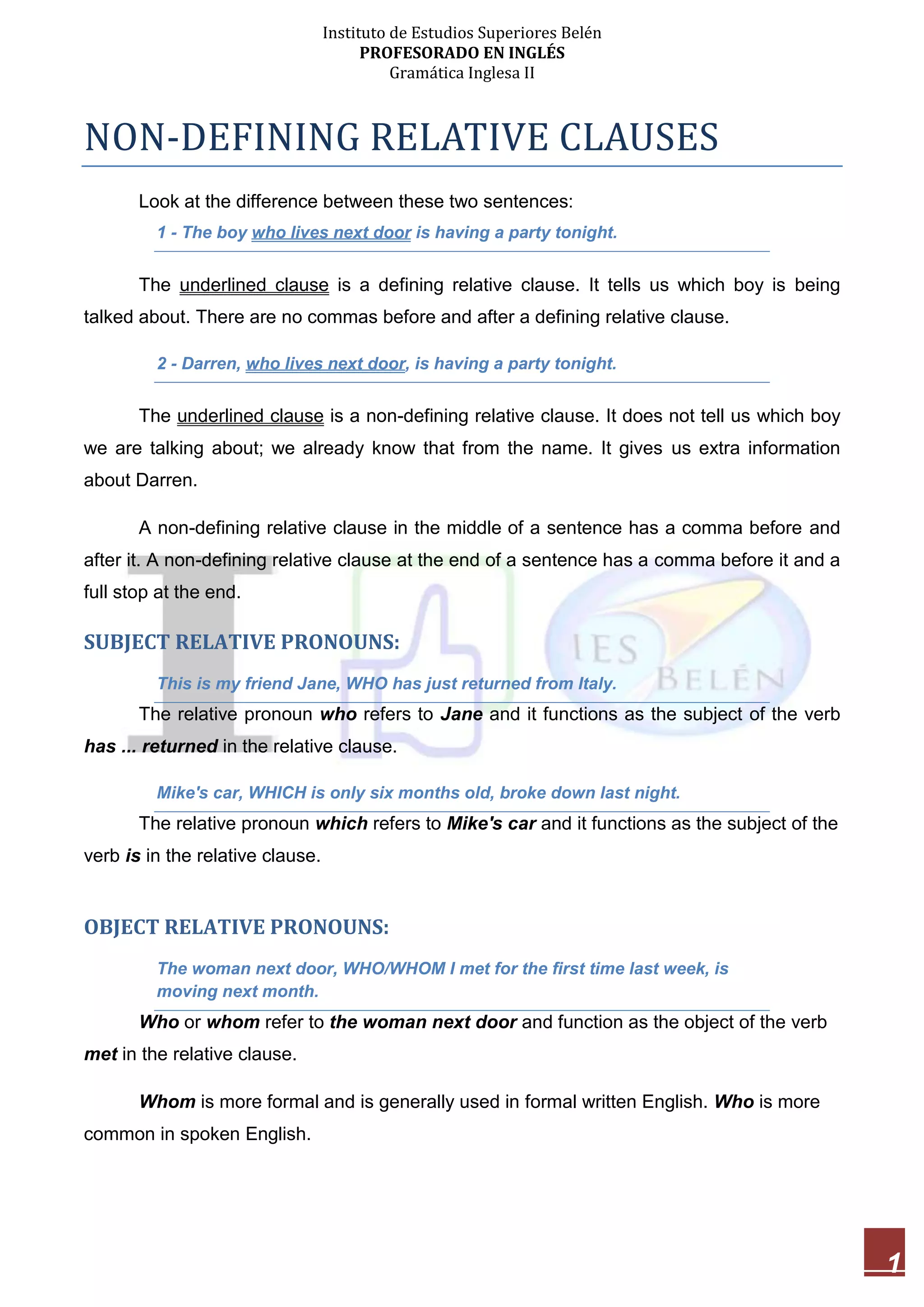 Defining Non Defining Relative Clauses Erklärung 15 - Non-Defining Relative Clauses | PDF