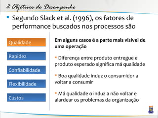 2 Objetivos de Desempenho
 Segundo Slack et al. (1996), os fatores de
  performance buscados nos processos são

Qualidade        Em alguns casos é a parte mais visível de
                 uma operação
Rapidez           Diferença entre produto entregue e
                 produto esperado significa má qualidade
Confiabilidade
                  Boa qualidade induz o consumidor a
Flexibilidade    voltar a consumir

                  Má qualidade o induz a não voltar e
Custos           alardear os problemas da organização
 