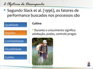 2 Objetivos de Desempenho
 Segundo Slack et al. (1996), os fatores de
  performance buscados nos processos são

Qualidade        Cultivo

                  Durante o crescimento significa
Rapidez          adubação, podas, controle pragas

Confiabilidade

Flexibilidade

Custos
 
