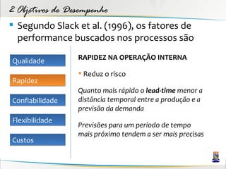 2 Objetivos de Desempenho
 Segundo Slack et al. (1996), os fatores de
  performance buscados nos processos são

Qualidade        RAPIDEZ NA OPERAÇÃO INTERNA

                  Reduz o risco
Rapidez
                 Quanto mais rápido o lead-time menor a
Confiabilidade   distância temporal entre a produção e a
                 previsão da demanda
Flexibilidade
                 Previsões para um período de tempo
                 mais próximo tendem a ser mais precisas
Custos
 