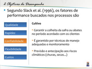 2 Objetivos de Desempenho
 Segundo Slack et al. (1996), os fatores de
  performance buscados nos processos são

Qualidade        Cultivo

                  Garantir a colheita da safra ou abates
Rapidez          no período acordado com os clientes

Confiabilidade    É garantido por técnicas de manejo
                 adequadas e monitoramento
Flexibilidade
                  Previsão e antecipação aos riscos
                 climáticos (chuvas, secas...)
Custos
 