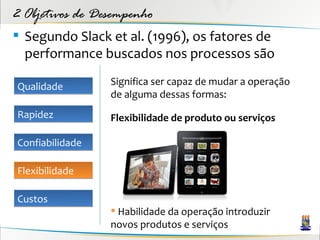 2 Objetivos de Desempenho
 Segundo Slack et al. (1996), os fatores de
  performance buscados nos processos são

Qualidade        Significa ser capaz de mudar a operação
                 de alguma dessas formas:
Rapidez          Flexibilidade de produto ou serviços

Confiabilidade

Flexibilidade

Custos
                  Habilidade da operação introduzir
                 novos produtos e serviços
 