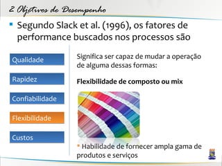 2 Objetivos de Desempenho
 Segundo Slack et al. (1996), os fatores de
  performance buscados nos processos são

Qualidade        Significa ser capaz de mudar a operação
                 de alguma dessas formas:
Rapidez          Flexibilidade de composto ou mix

Confiabilidade

                 
Flexibilidade

Custos
                  Habilidade de fornecer ampla gama de
                 produtos e serviços
 