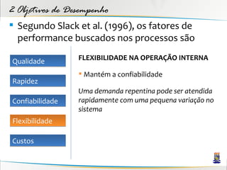 2 Objetivos de Desempenho
 Segundo Slack et al. (1996), os fatores de
  performance buscados nos processos são

Qualidade        FLEXIBILIDADE NA OPERAÇÃO INTERNA

                  Mantém a confiabilidade
Rapidez
                 Uma demanda repentina pode ser atendida
Confiabilidade   rapidamente com uma pequena variação no
                 sistema
Flexibilidade

Custos
 
