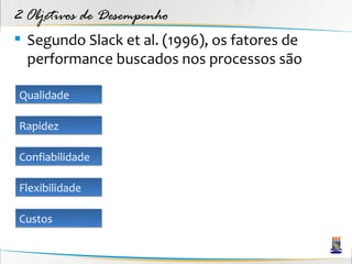2 Objetivos de Desempenho
 Segundo Slack et al. (1996), os fatores de
  performance buscados nos processos são

Qualidade

Rapidez

Confiabilidade

Flexibilidade

Custos
 