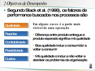 2 Objetivos de Desempenho Segundo Slack et al. (1996), os fatores de performance buscados nos processos são Em alguns casos é a parte mais visível de uma operação Diferença entre produto entregue e produto esperado significa má qualidade Boa qualidade induz o consumidor a voltar a consumir Má qualidade o induz a não voltar e alardear os problemas da organização Qualidade Rapidez Confiabilidade Flexibilidade Custos 
