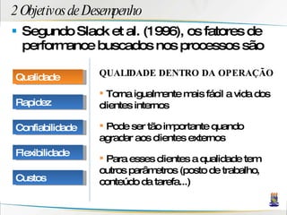 2 Objetivos de Desempenho Segundo Slack et al. (1996), os fatores de performance buscados nos processos são QUALIDADE DENTRO DA OPERAÇÃO Torna igualmente mais fácil a vida dos clientes internos Pode ser tão importante quando agradar aos clientes externos Para esses clientes a qualidade tem outros parâmetros (posto de trabalho, conteúdo da tarefa...) Qualidade Rapidez Confiabilidade Flexibilidade Custos 