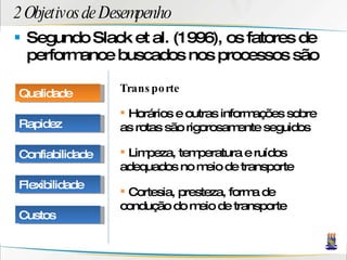2 Objetivos de Desempenho Segundo Slack et al. (1996), os fatores de performance buscados nos processos são Transporte Horários e outras informações sobre as rotas são rigorosamente seguidos Limpeza, temperatura e ruídos adequados no meio de transporte Cortesia, presteza, forma de condução do meio de transporte Qualidade Rapidez Confiabilidade Flexibilidade Custos 