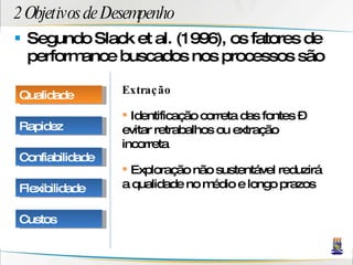 2 Objetivos de Desempenho Segundo Slack et al. (1996), os fatores de performance buscados nos processos são Extração Identificação correta das fontes – evitar retrabalhos ou extração incorreta  Exploração não sustentável reduzirá a qualidade no médio e longo prazos Qualidade Rapidez Confiabilidade Flexibilidade Custos 