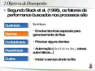 2 Objetivos de Desempenho Segundo Slack et al. (1996), os fatores de performance buscados nos processos são Serviços Envolve técnicas especiais para gerenciamento de filas Priorizar alguns clientes Automação ( check-in on line , caixas automáticos...) Iniciar o serviço ainda na fila Qualidade Rapidez Confiabilidade Flexibilidade Custos 