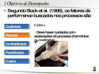 2 Objetivos de Desempenho Segundo Slack et al. (1996), os fatores de performance buscados nos processos são Cultivo Deve haver cuidados com acelerações do processo (hormônios ou pesticidas) Qualidade Rapidez Confiabilidade Flexibilidade Custos 