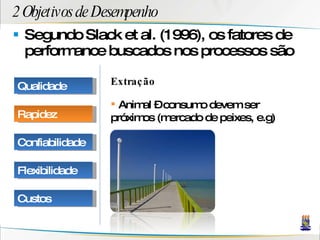 2 Objetivos de Desempenho Segundo Slack et al. (1996), os fatores de performance buscados nos processos são Extração Animal – consumo devem ser próximos (mercado de peixes, e.g) Qualidade Rapidez Confiabilidade Flexibilidade Custos 