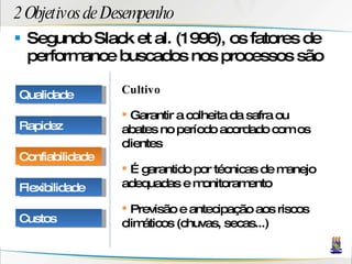 2 Objetivos de Desempenho Segundo Slack et al. (1996), os fatores de performance buscados nos processos são Cultivo Garantir a colheita da safra ou abates no período acordado com os clientes É garantido por técnicas de manejo adequadas e monitoramento Previsão e antecipação aos riscos climáticos (chuvas, secas...) Qualidade Rapidez Confiabilidade Flexibilidade Custos 