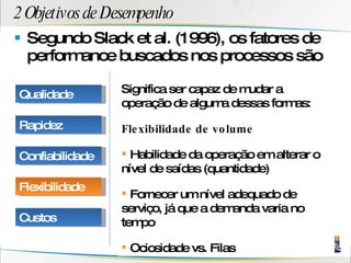 2 Objetivos de Desempenho Segundo Slack et al. (1996), os fatores de performance buscados nos processos são Significa ser capaz de mudar a operação de alguma dessas formas: Flexibilidade de volume Habilidade da operação em alterar o nível de saídas (quantidade)  Fornecer um nível adequado de serviço, já que a demanda varia no tempo  Ociosidade vs. Filas Qualidade Rapidez Confiabilidade Flexibilidade Custos 