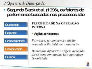 2 Objetivos de Desempenho Segundo Slack et al. (1996), os fatores de performance buscados nos processos são FLEXIBILIDADE NA OPERAÇÃO INTERNA Agiliza a resposta Por vezes, ter um serviço rápido depende a flexibilidade a operação Demandas diferentes exigem agilidade do sistema em mudar. Isso quer dizer flexibilidade Qualidade Rapidez Confiabilidade Flexibilidade Custos 