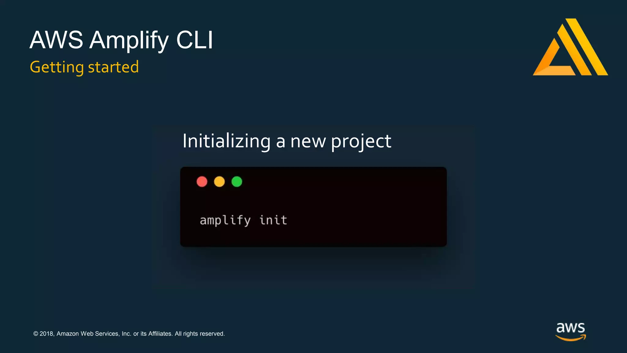 © 2018, Amazon Web Services, Inc. or its Affiliates. All rights reserved.
AWS Amplify CLI
Getting started
Initializing a new project
 